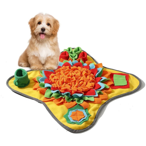 Calm dog sitting behind the Pawsettle snuffle mat
