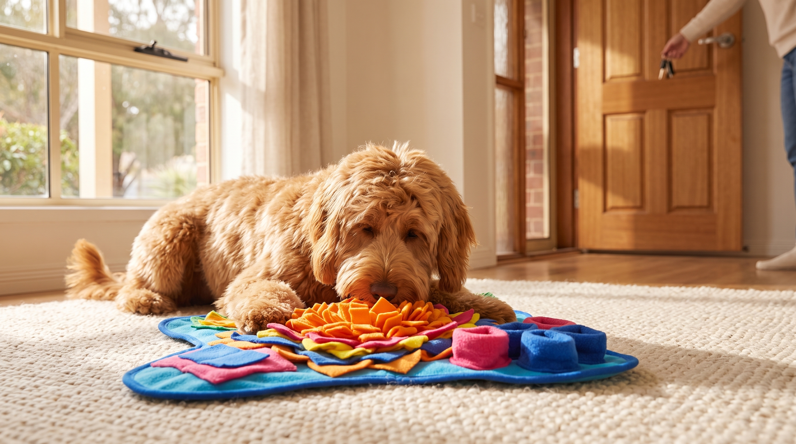 Calm dog foraging in the Pawsettle snuffle mat in a cozy living room