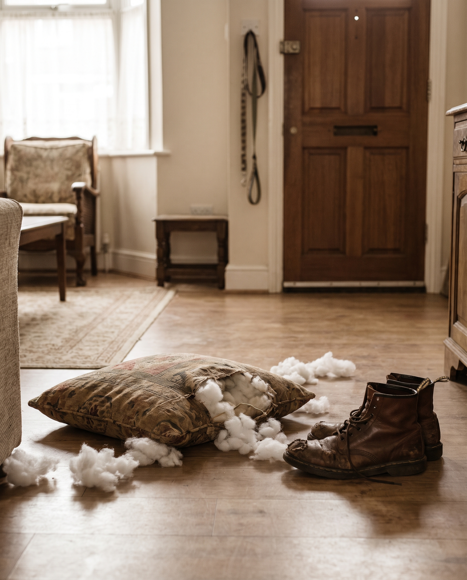 Chewed cushion and dog lead by the door - an anxious dog left alone