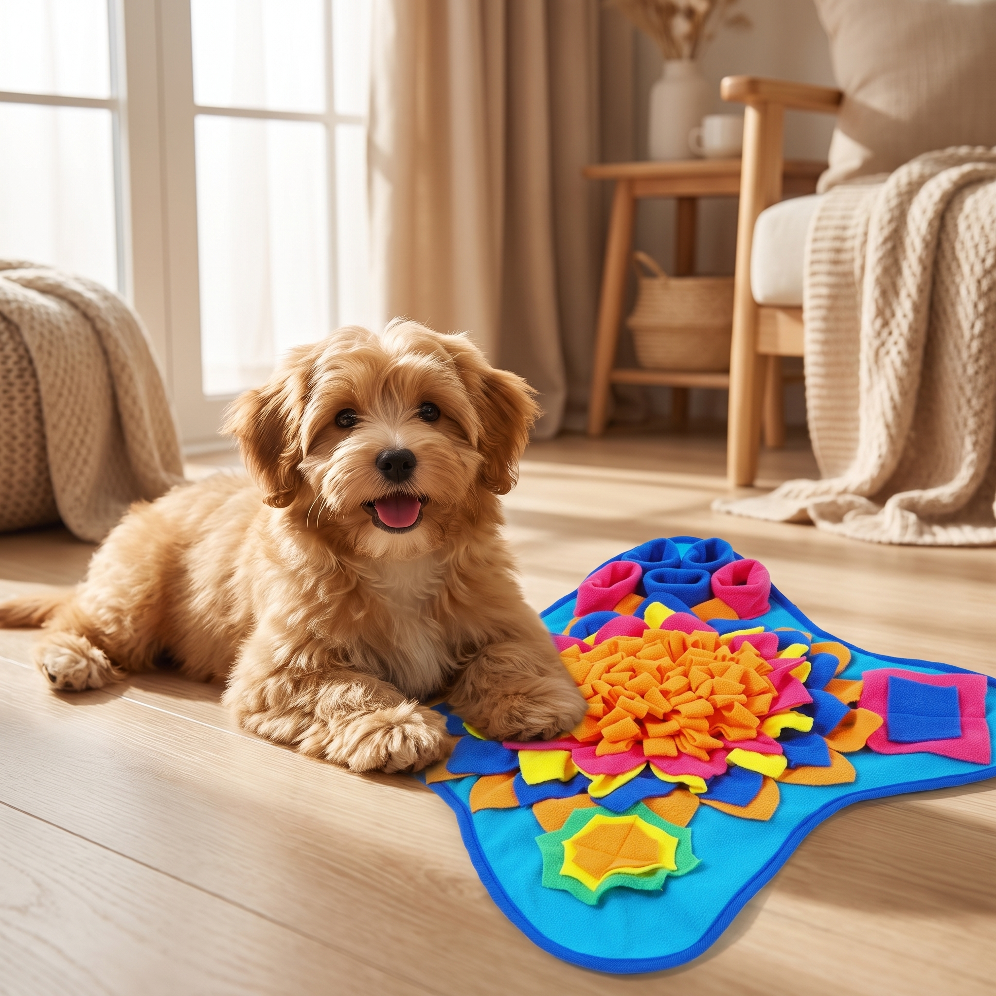 Relaxed happy dog resting beside the Pawsettle snuffle mat
