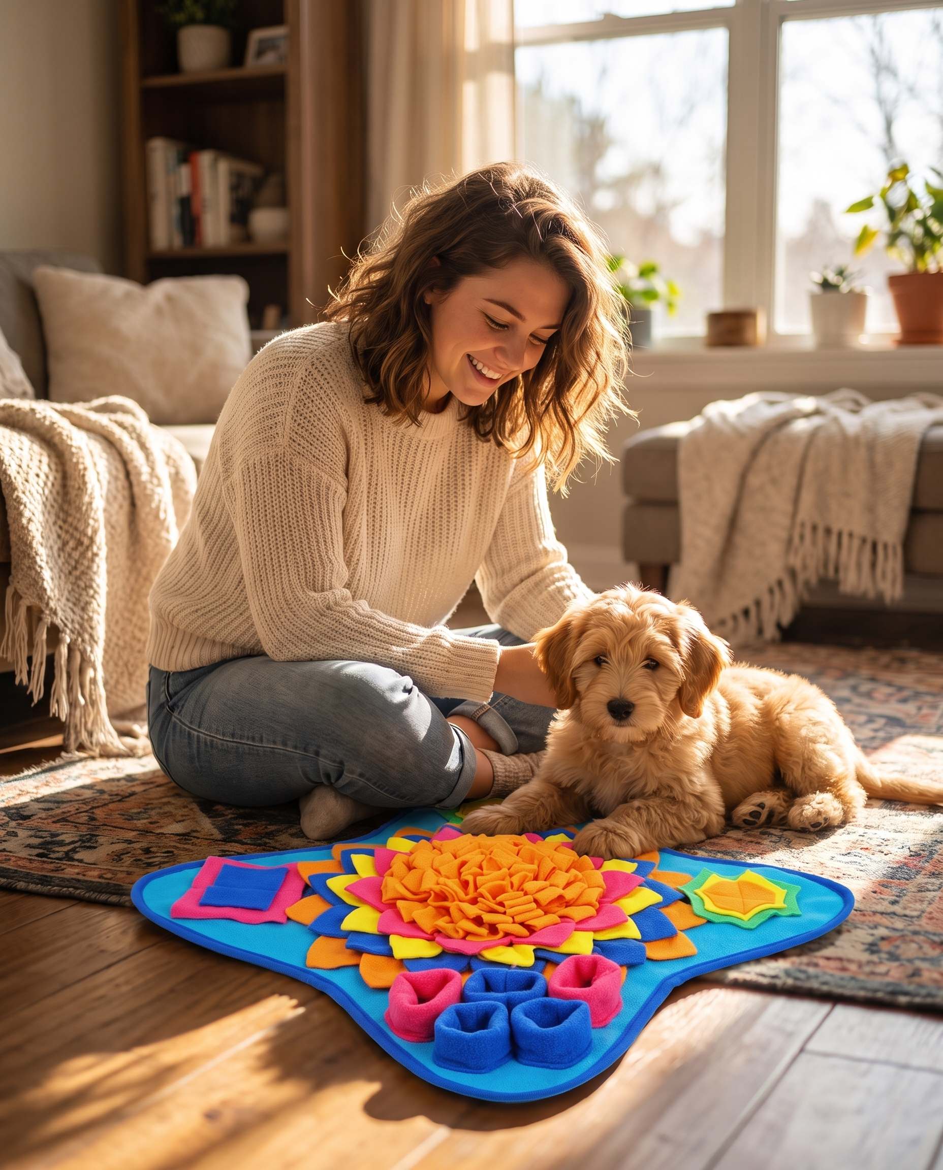 Happy Australian dog owner relaxing with their calm dog and the Pawsettle snuffle mat
